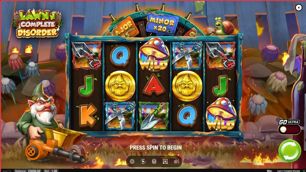 Tampilan visual slot Lawn N’ Complete Disorder dengan tema taman yang terbakar